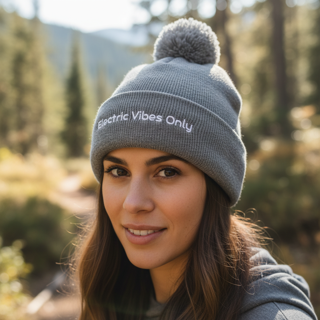 A woman wearing a Heather Grey Pom-Pom Electric Vibes Only Beanie outside - Headshot