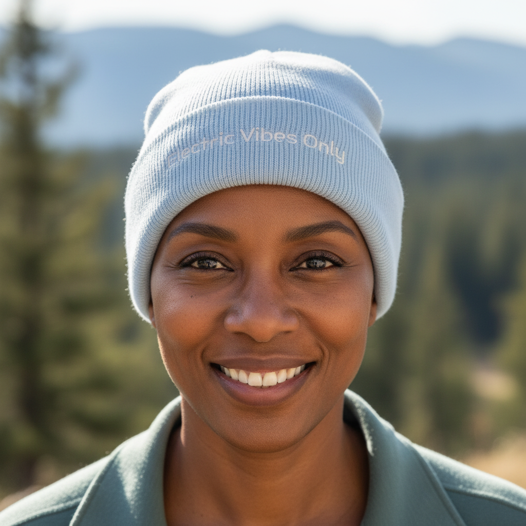 A headshot of woman wearing a Light Blue Electric Vibes Only Beanie in natural light.