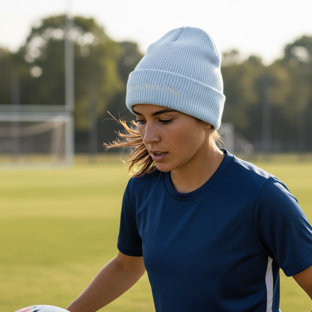 A woman wearing a light blue cuffed Electric Vibes Only Beanie, playing soccer.