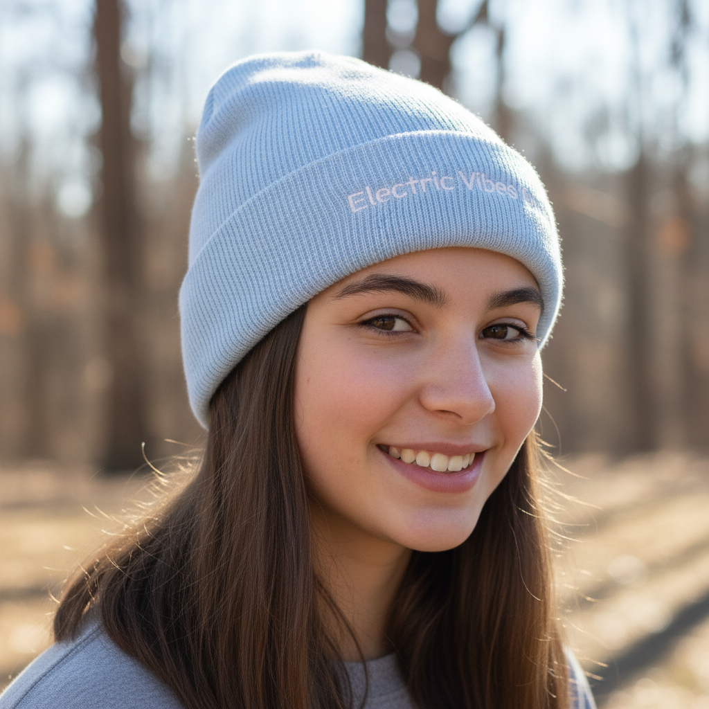  A headshot of a young women wearing a Light Blue Electric Vibes Only Beanie outside.