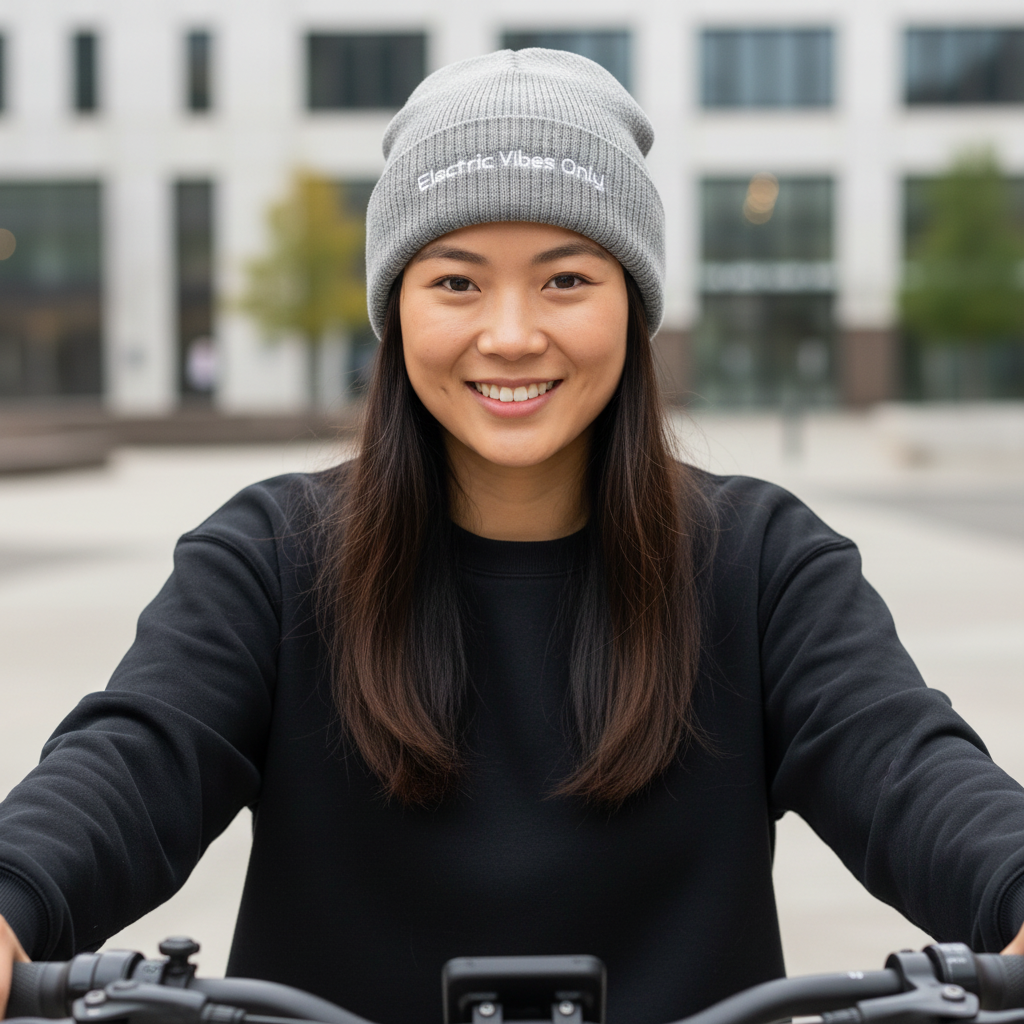 Light Grey Melange - woman sitting on her e-bike.