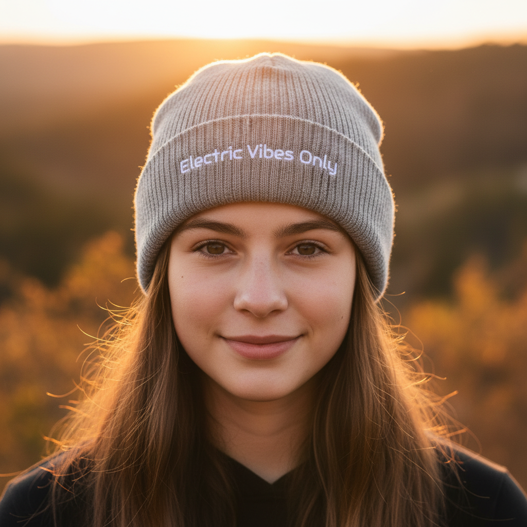 A teenage girl wearing a Light Grey Melange Electric Vibes Only Beanie - warm tones outside.