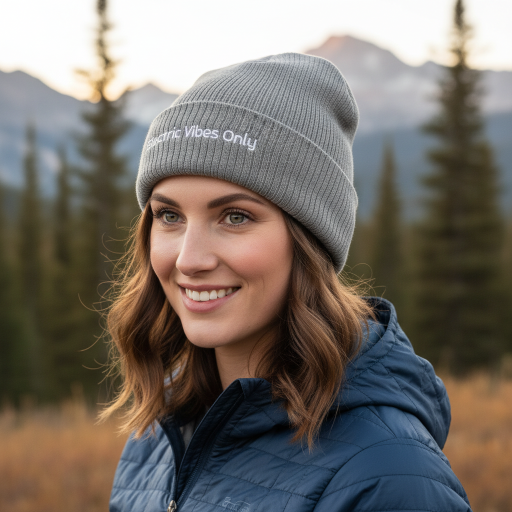 A woman wearing a Light Grey Melange Electric Vibes Only Beanie with pine trees in the background- Three-Quarter View.