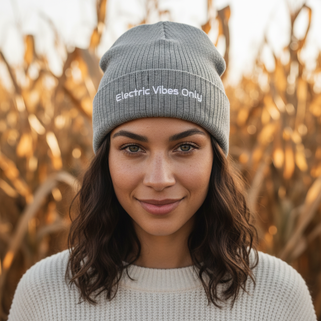 A woman wearing a Light Grey Melange Electric Vibes Only Beanie in a Corn Field - headshot.