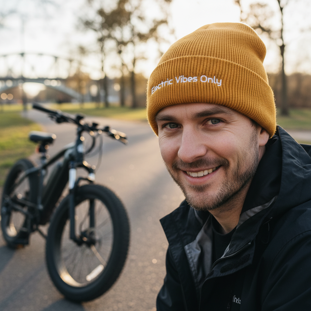 Man wearing Electric Vibes Only mustard beanie with e-bike.