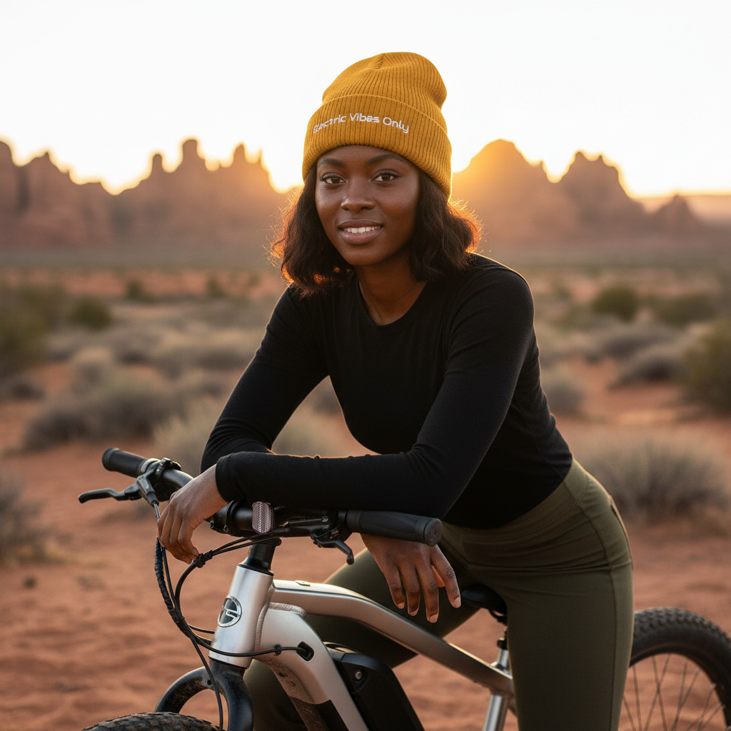 Mustard Cuffed - woman on e-bike in desert with clear lettering.