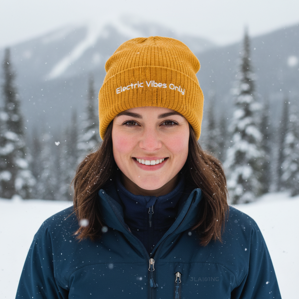 A woman wearing a Mustard Cuffed Electric Vibes Only Beanie surrounded by snow falling and mountains. 