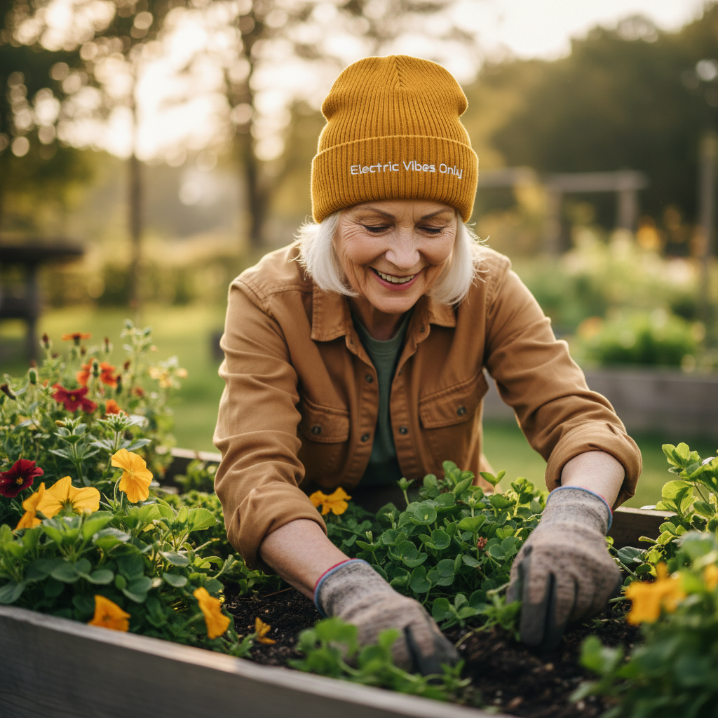  An older Woman wearing a Mustard Cuffed Electric Vibes Only Beanie - Gardening
