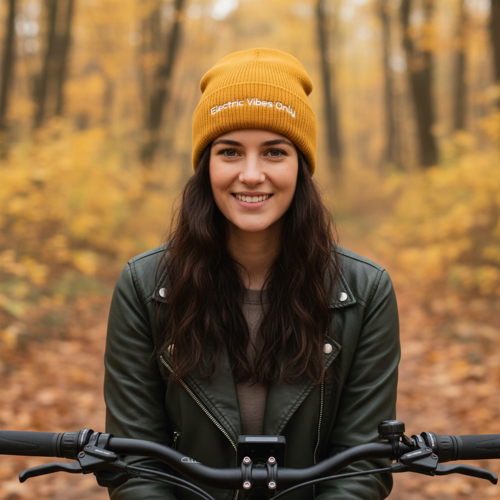 Mustard Cuffed -  woman sitting on her e-bike in autumn forest.