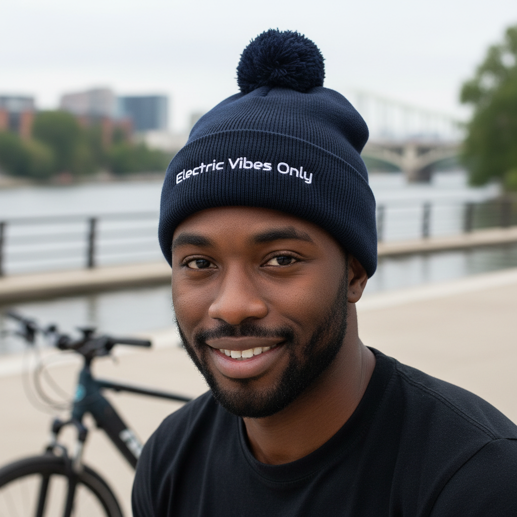 navy pom pom - man with e-bike in background at riverside park