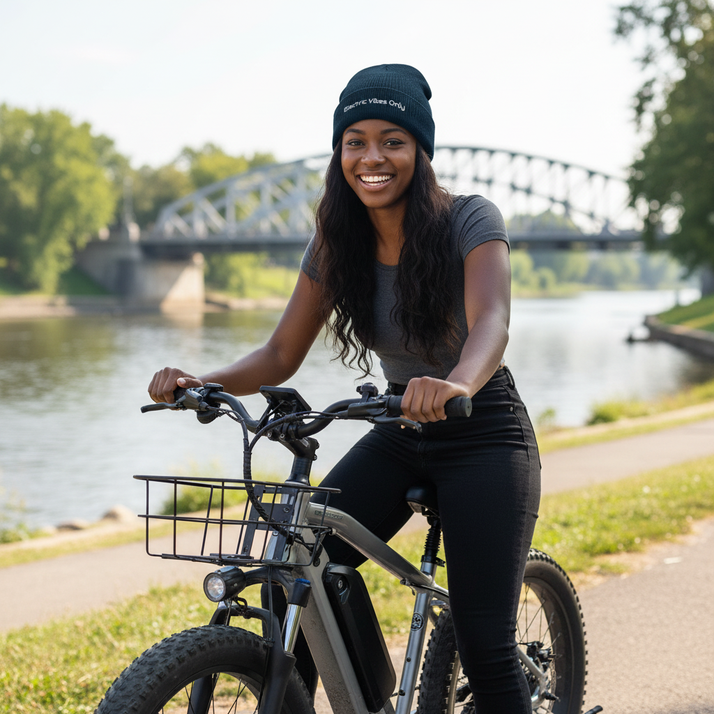 Navy Cuffed beanie -  woman on e-bike at riverside park