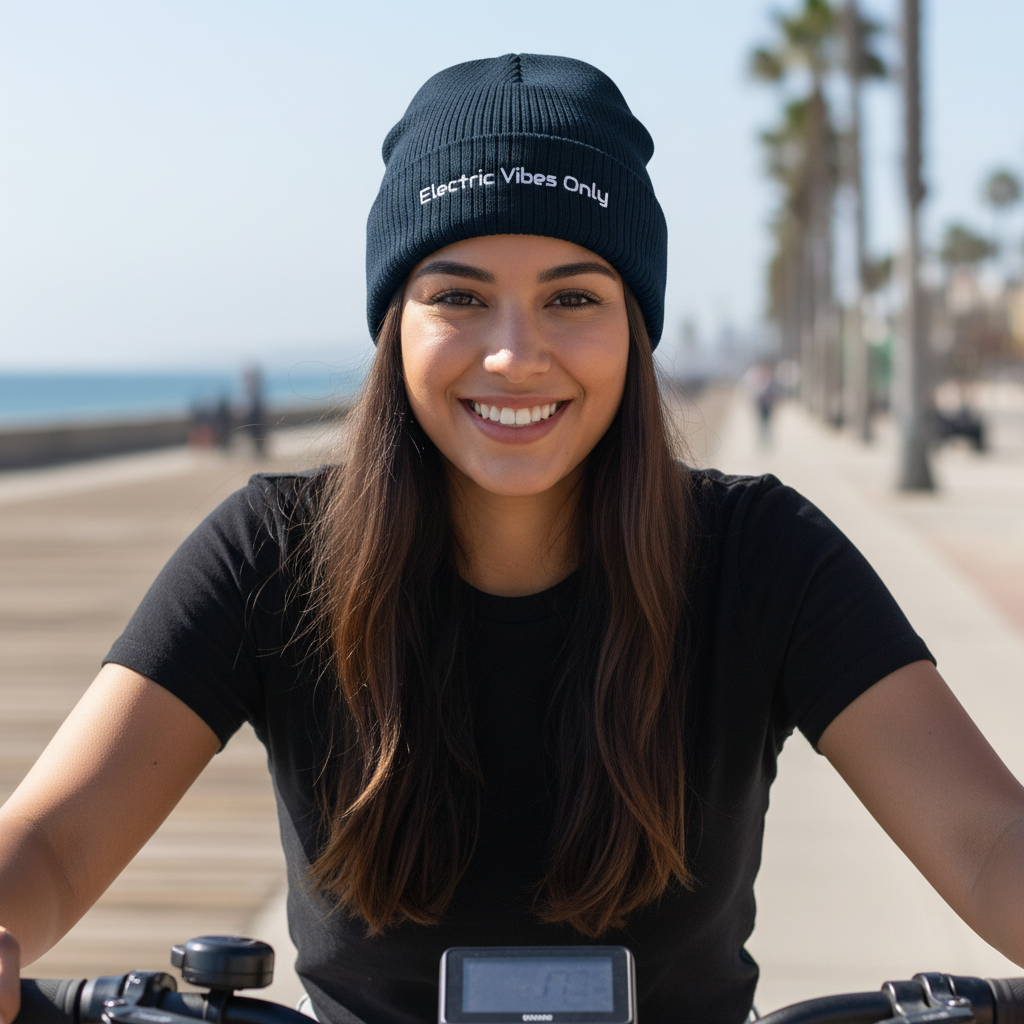 Navy Cuffed beanie -  woman sitting on her e-bike at coastal boardwalk
