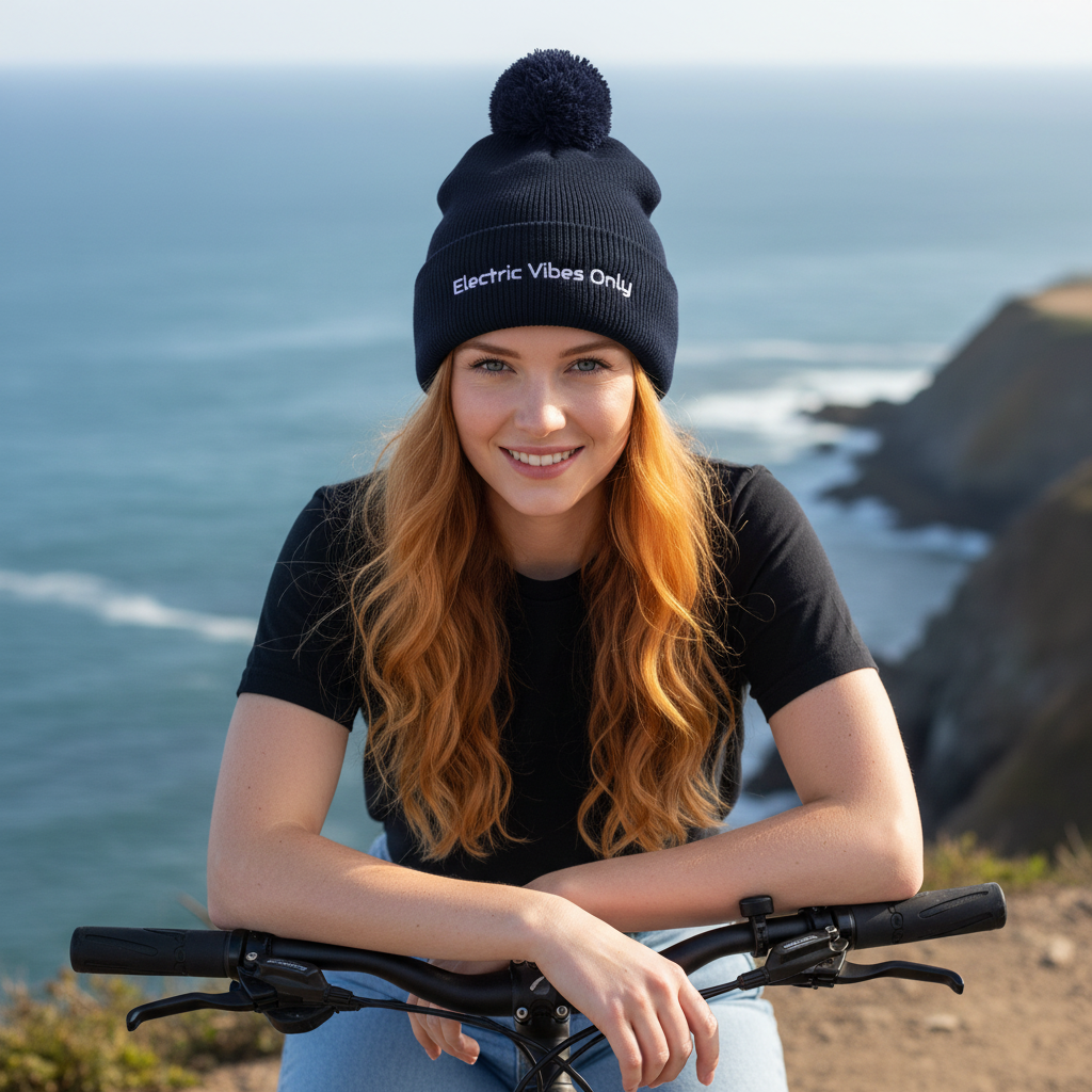 navy pom pom - woman sitting on e-bike at coastal cliff