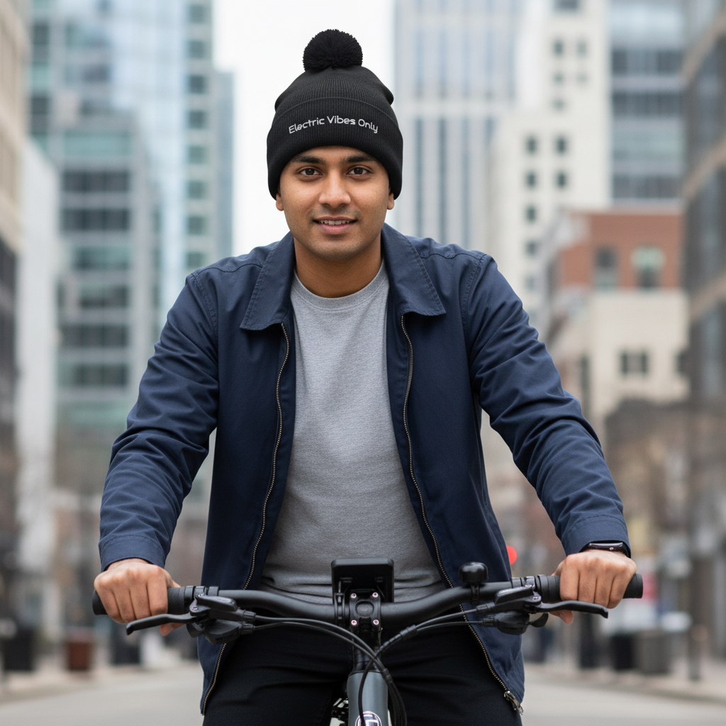 Navy beanie - man sitting on e-bike in urban downtown