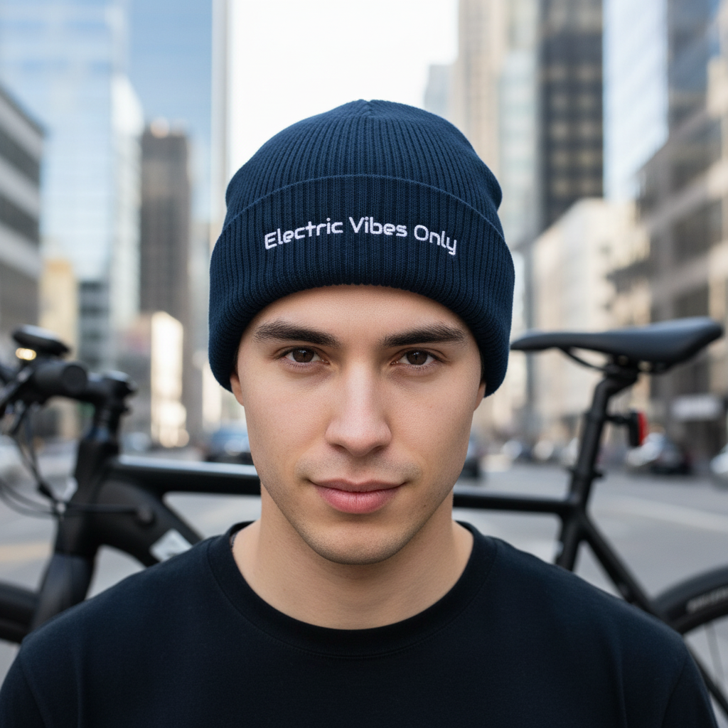 Navy Cuffed beanie - man with e-bike in downtown background.