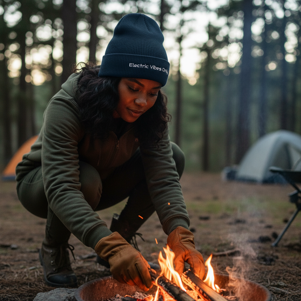 Woman wearing a Navy Cuffed Electric Vibes Only Beanie - Campfire Action.