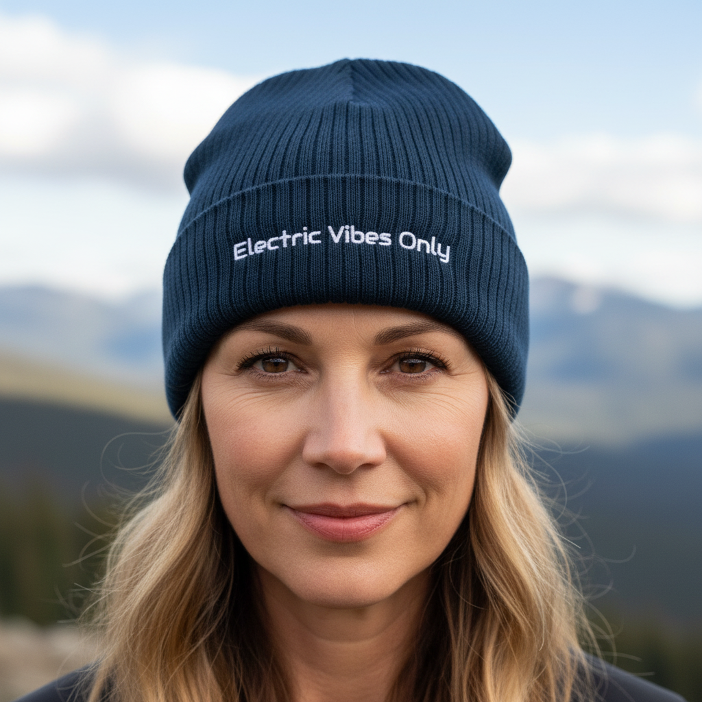 A woman wearing a Navy Cuffed Electric Vibes Only  Beanie Middle-Aged Woman Headshot.  She is standing outside.