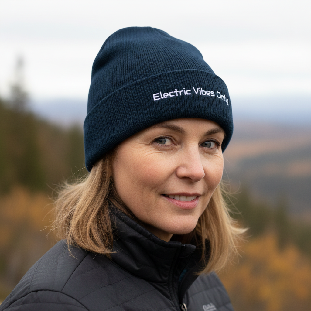  A woman wearing a Navy Cuffed beanie Three-Quarter View standing outside.