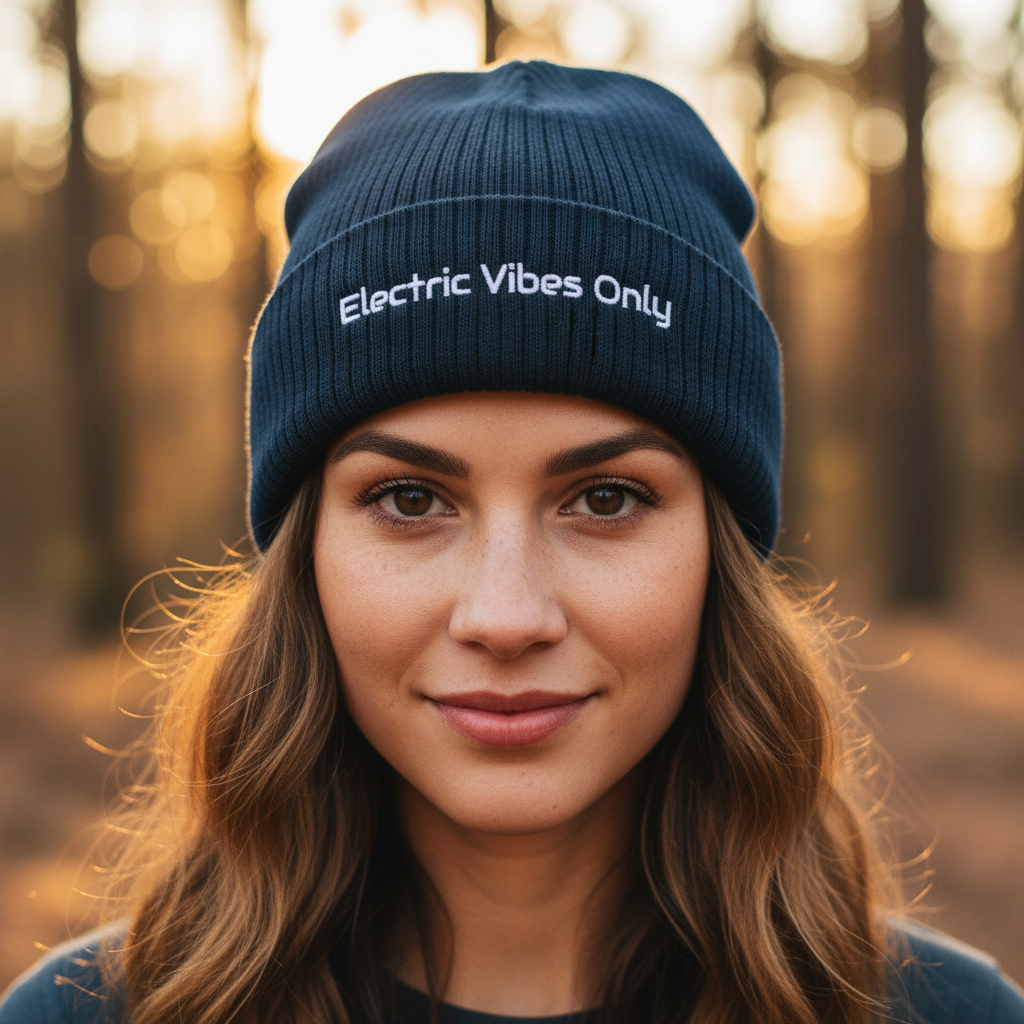A woman wearing a Navy Cuffed Electric Vibes Only  Beanie, headshot -warm lighting.