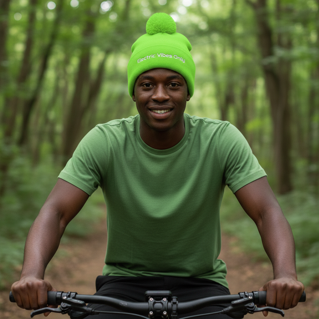 acid green pom pom beanie -  man sitting oh his e-bike with green trees surrounding him.