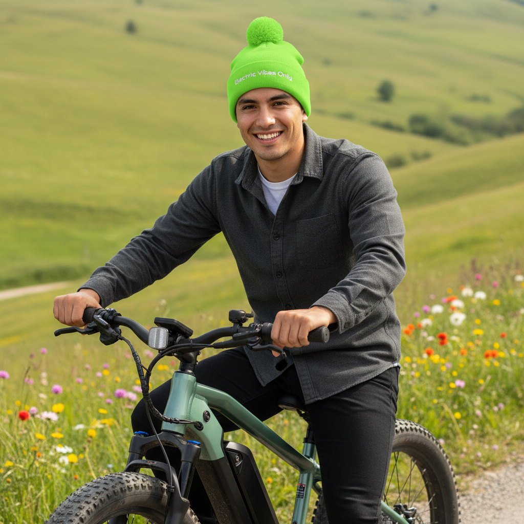 acid green pom pom beanie -  man on his e-bike in countryside.