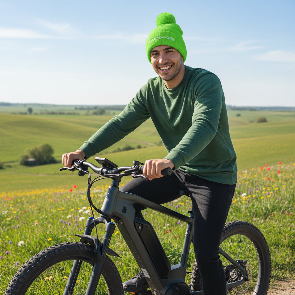 Man riding his e-bike in a green field wearing an acid green pomp pom beanie.