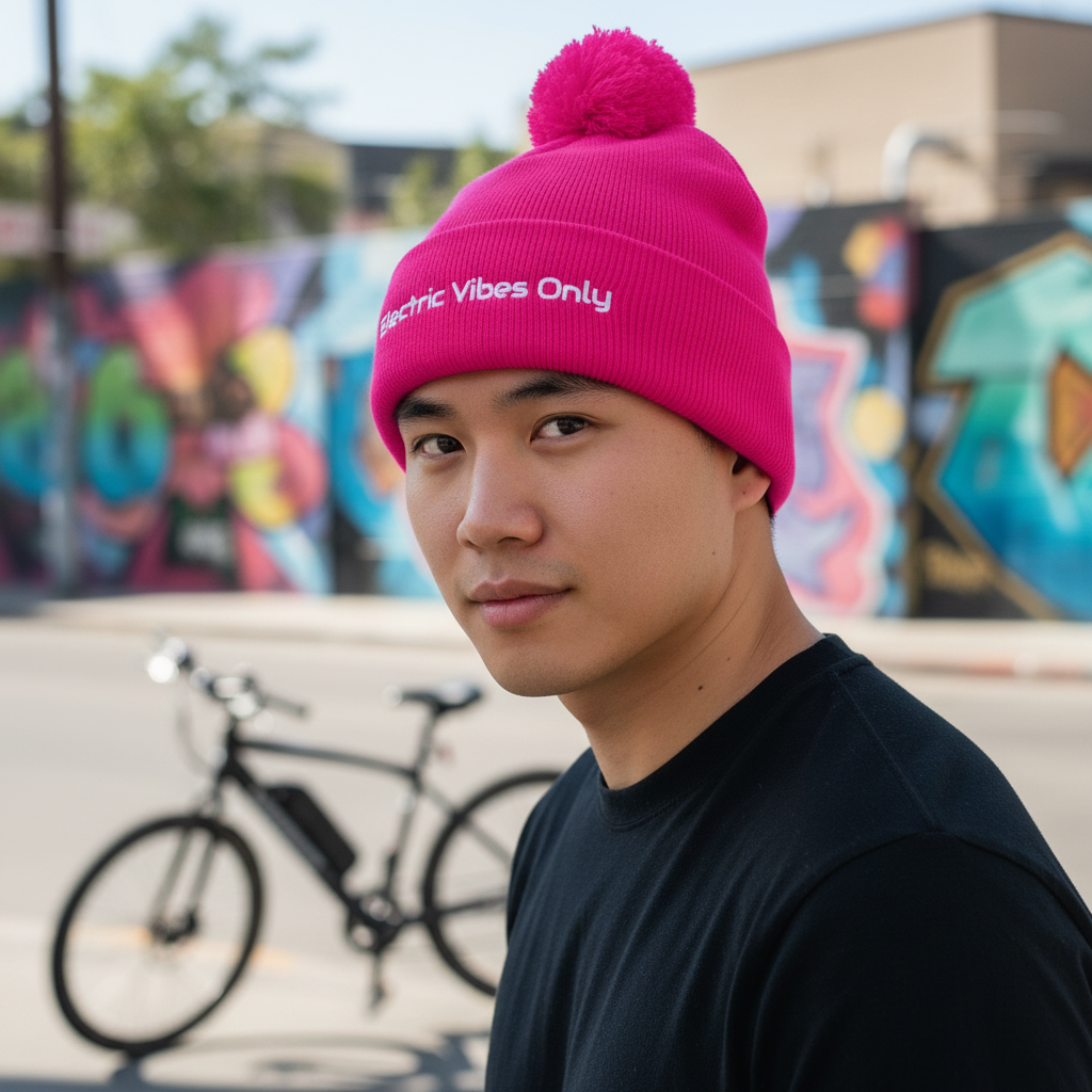 Neon pink pom pom beanie - man with e-bike in street art district background.