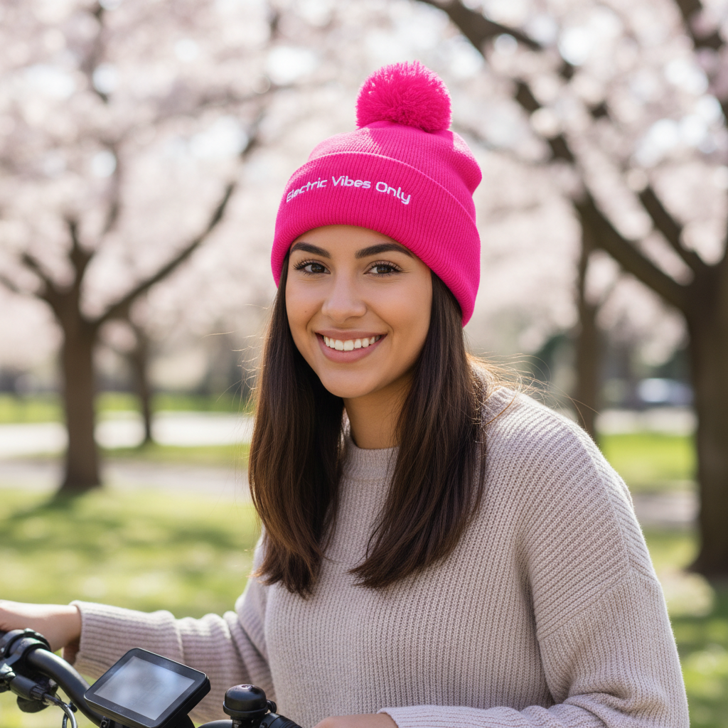 Neon pink pom pom beanie - woman with her e-bike in a cherry blossom park.