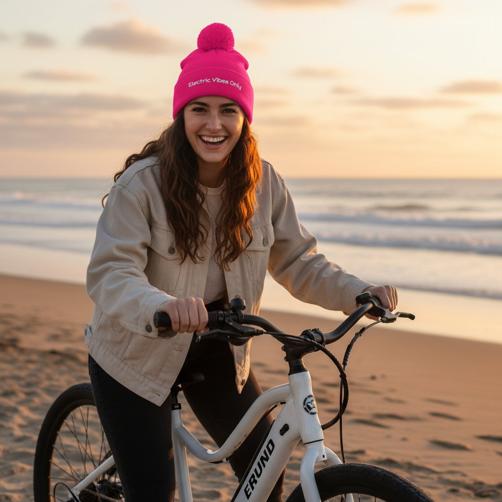 Neon pink pom pom beanie - a woman on her e-bike at sunset beach.