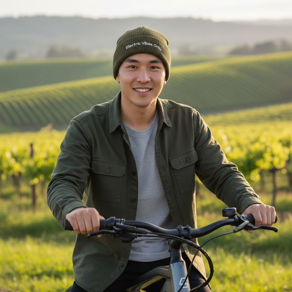 olive cuffed beanie - man on e-bike in vineyard with clear lettering.