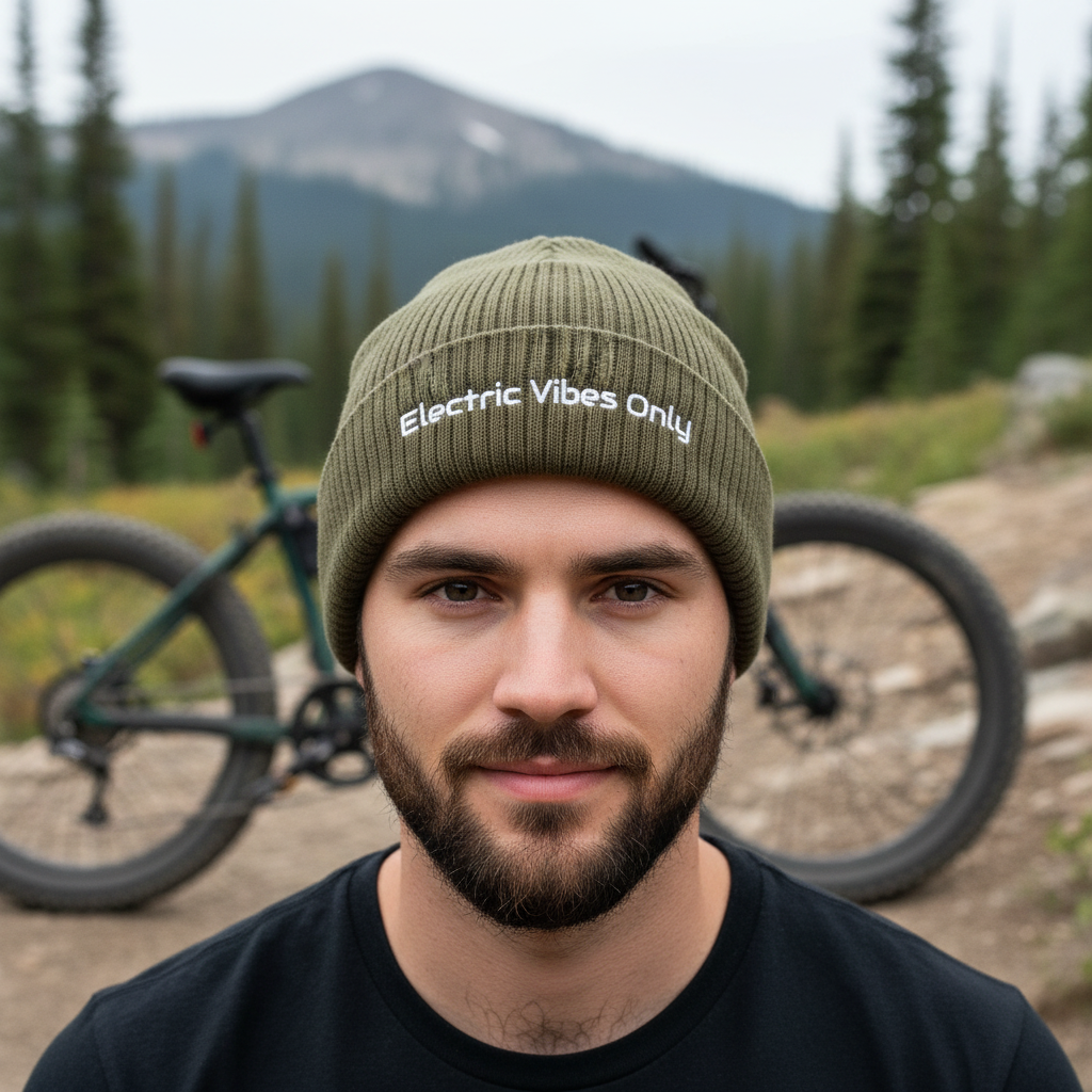 olive cuffed beanie - Bearded man with e-bike on  mountain trail background.
