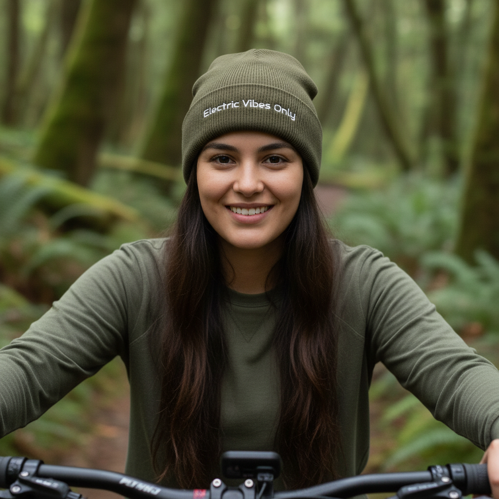 olive cuffed beanie - woman sitting on her e-bike in forest trail.