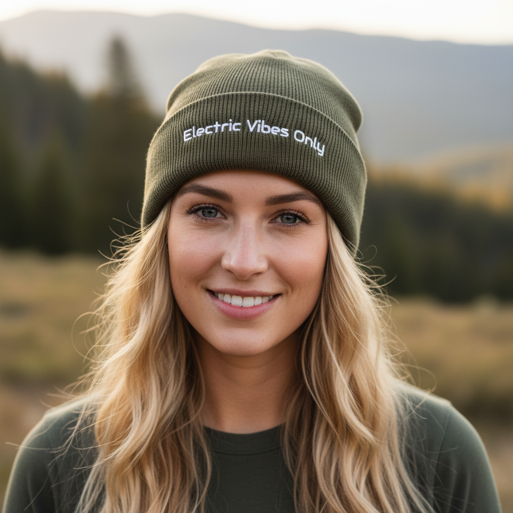 Woman wearing a olive cuffed beanie with 'Electric Vibes Only' text in a natural setting