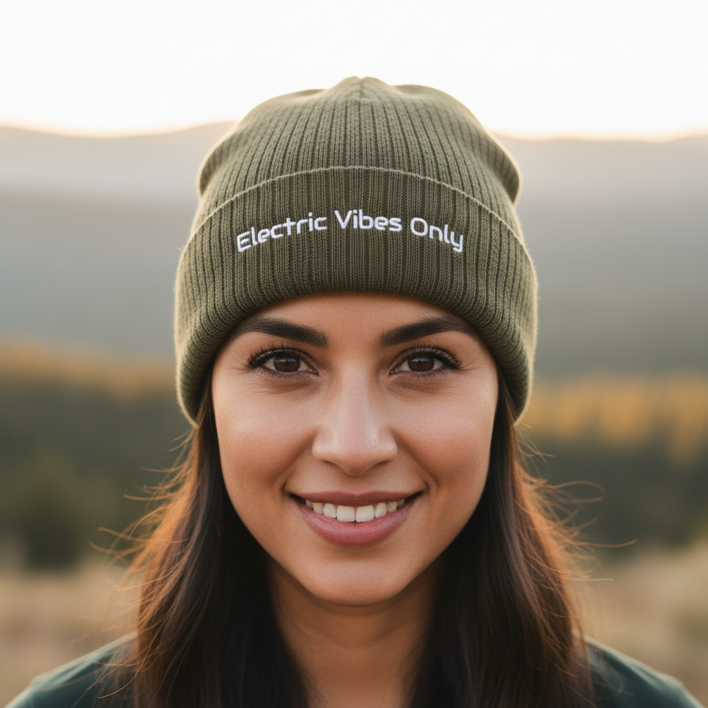 A woman wearing an Olive Cuffed beanie Electric Vibes Only  standing outside in nature. 
