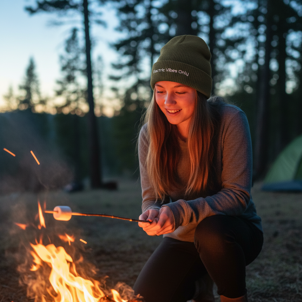 Girl wearing olive cuffed beanie roasting a marshmallow over a campfire in a forest setting