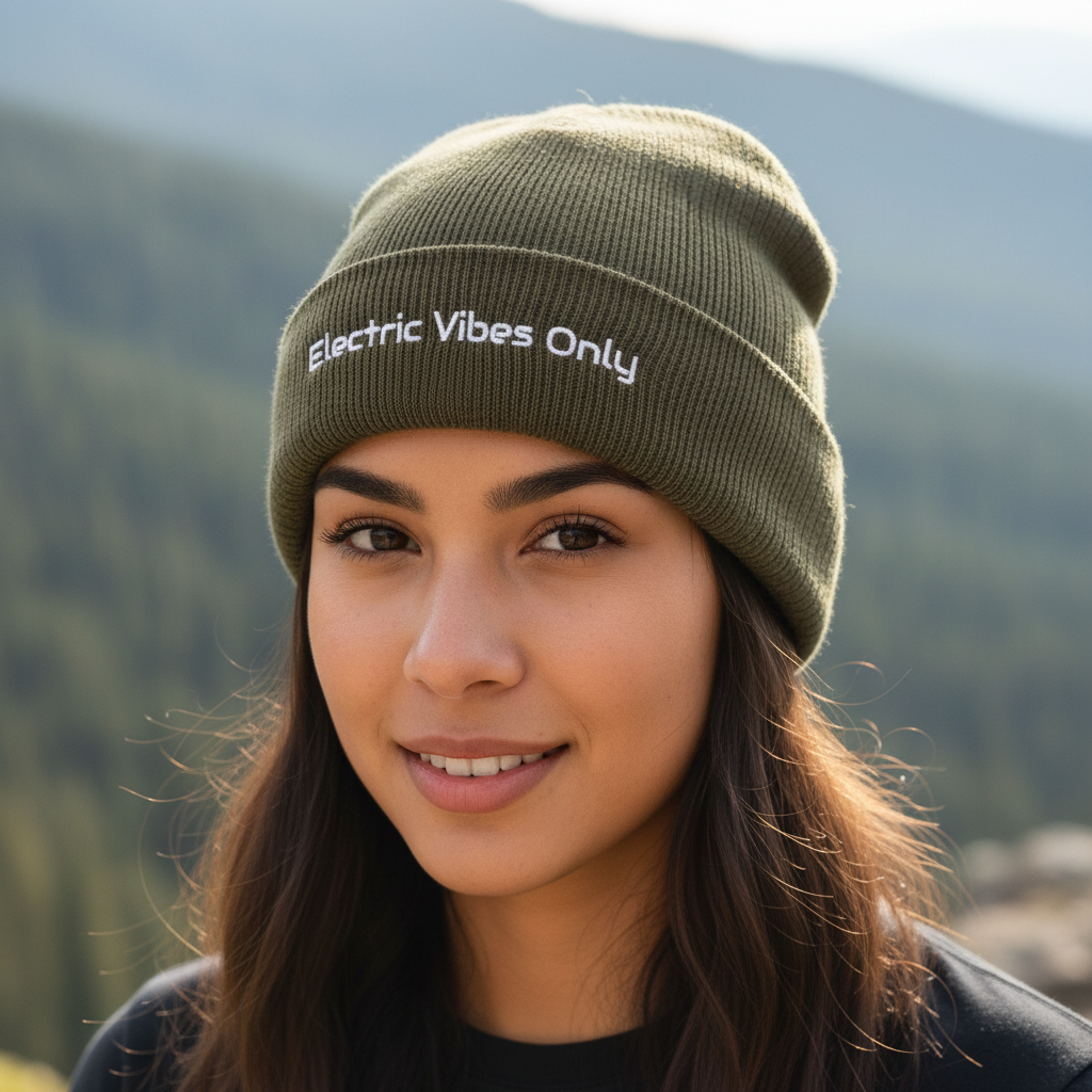 Woman wearing a olive cuffed beanie with 'Electric Vibes Only' text against a mountainous background.