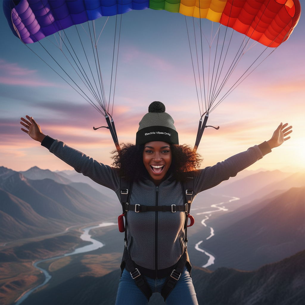 Parachuting shot with natural dark heather grey/ black beanie fit