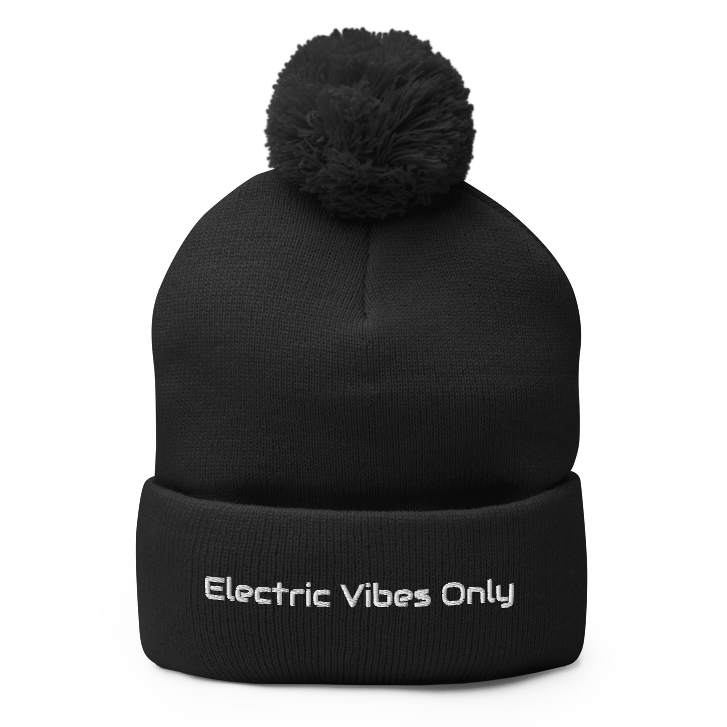  Black pom pom beanie with Electric Vibes Only embroidery - front view.