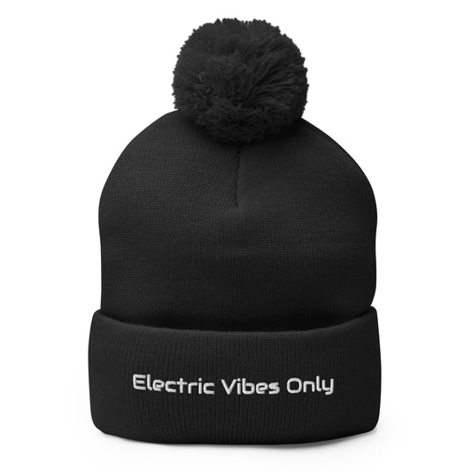  Black pom pom beanie with Electric Vibes Only embroidery - front view.