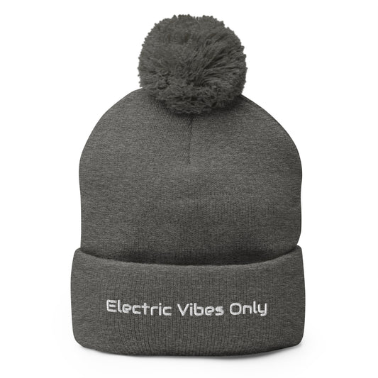 Dark heather grey pom pom beanie with Electric Vibes Only embroidery - front view.