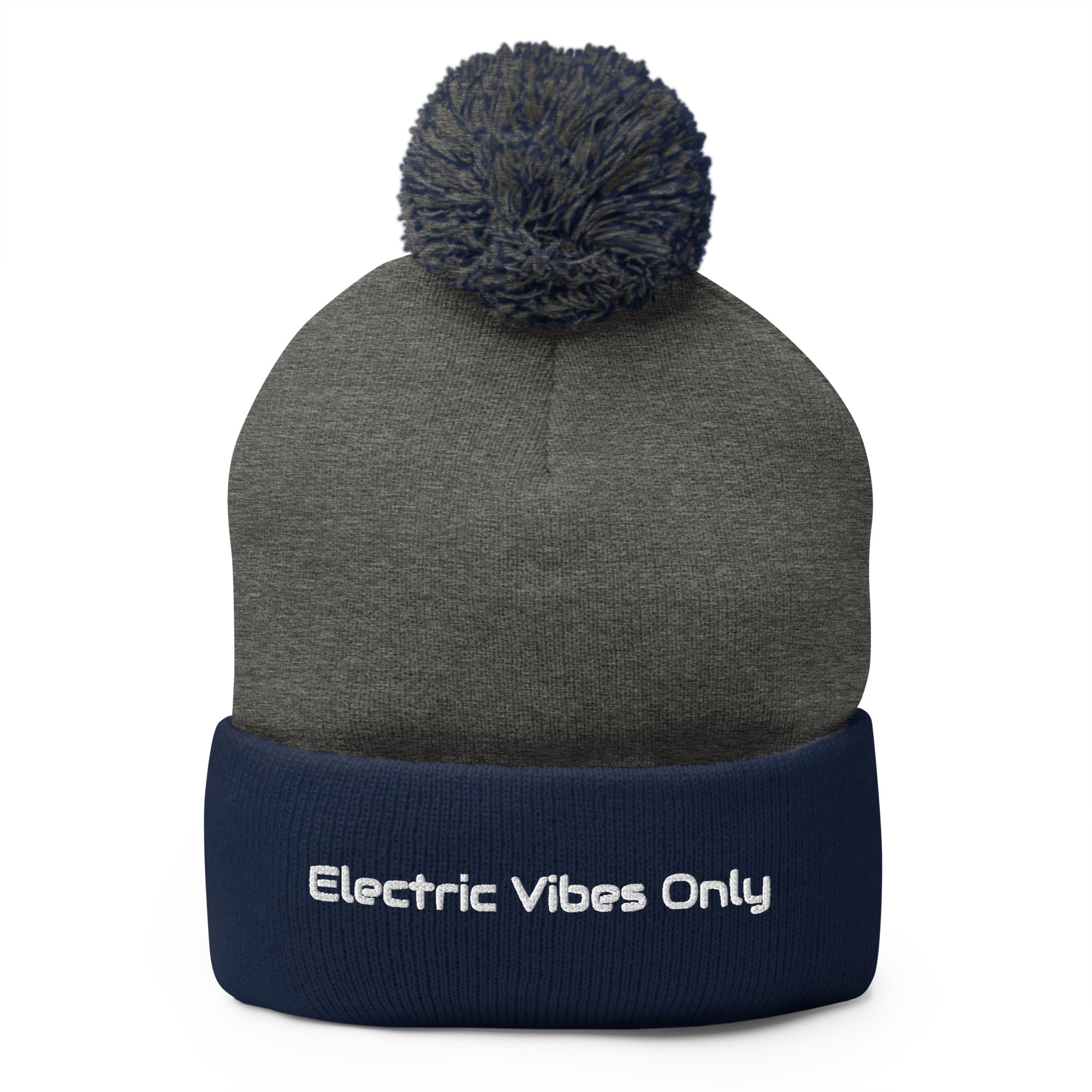 dark heather grey / navy pom pom beanie.