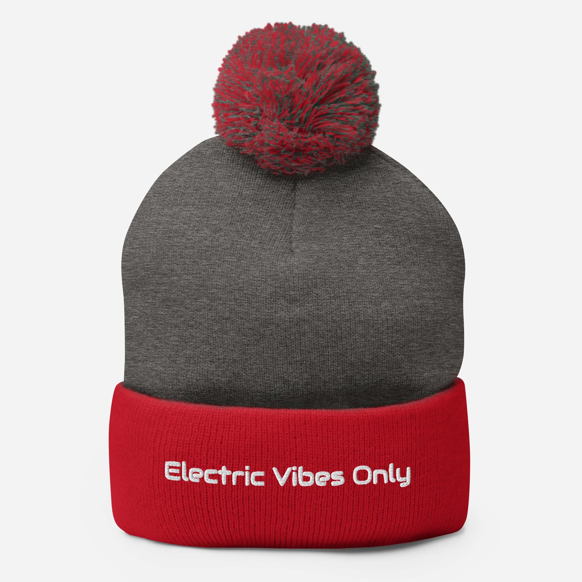 dark heather grey / red pom pom beanie.