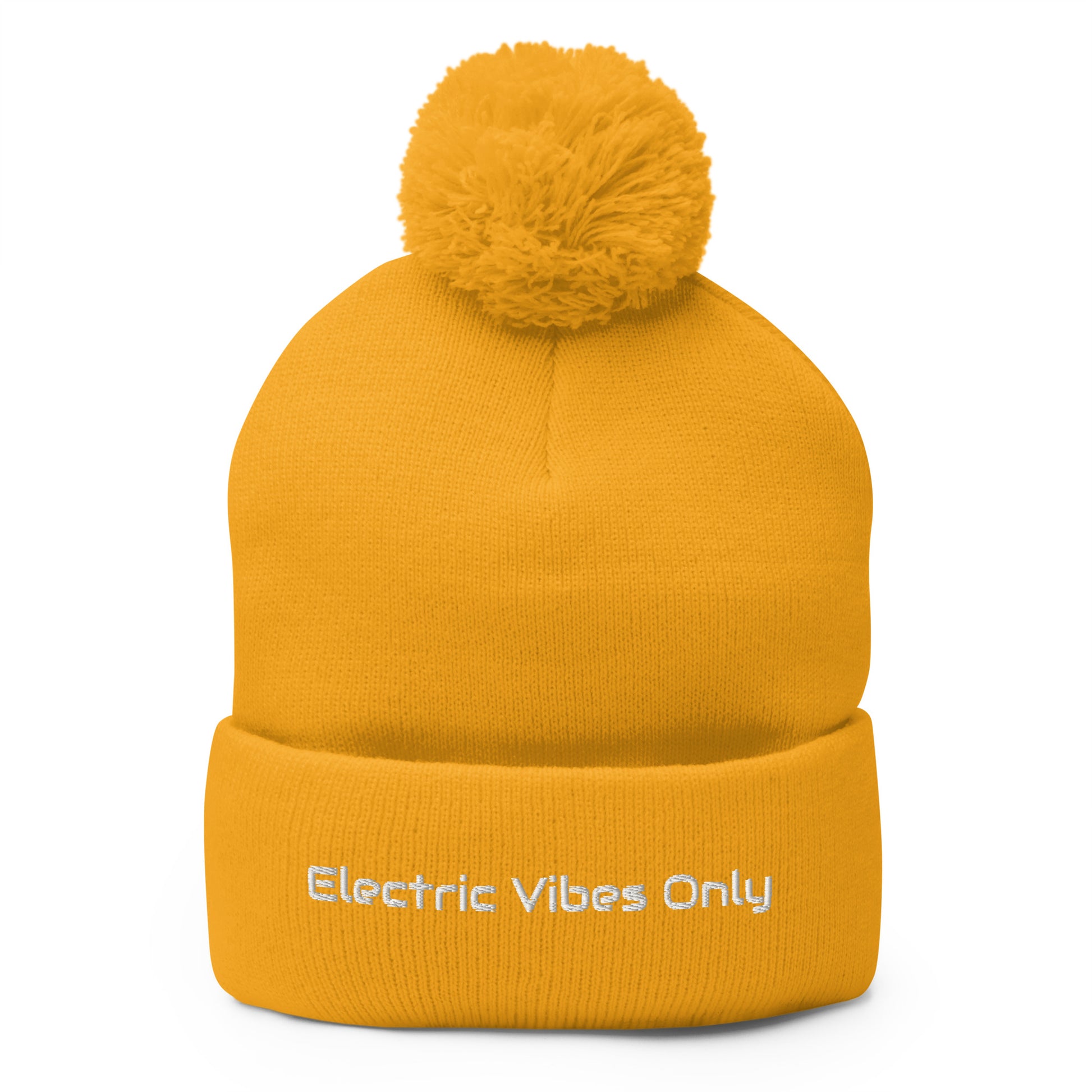 Gold pom pom beanie with Electric Vibes Only embroidery - front view.