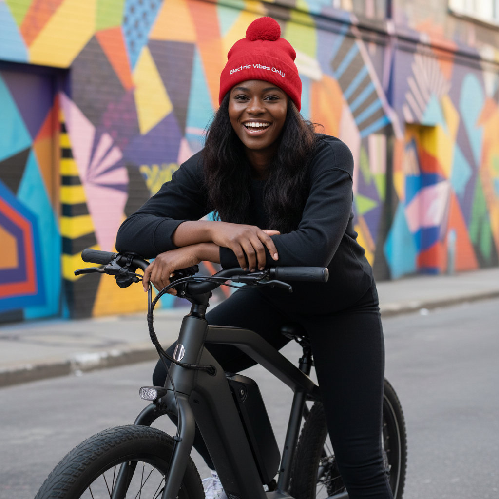 Red pom pop beanie -  woman on her e-bike in urban street art setting.