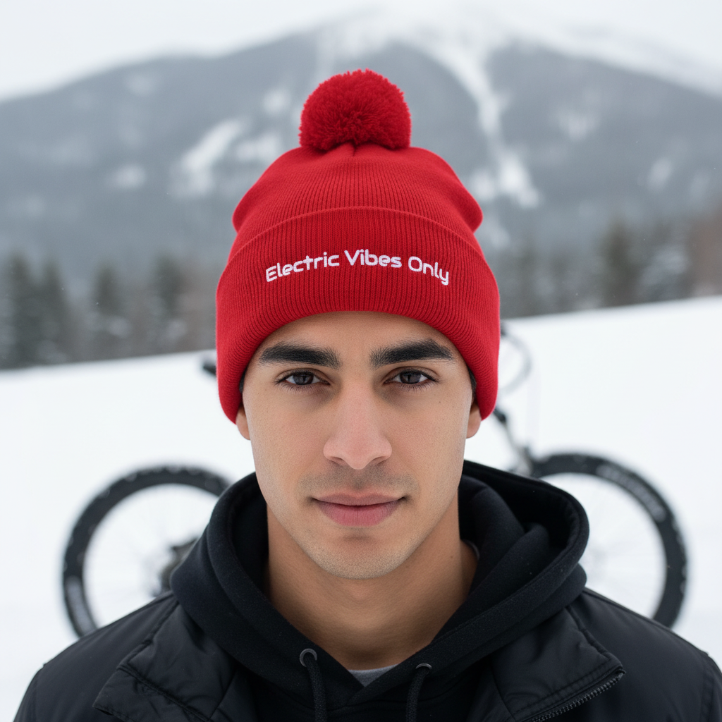 Red pom pom beanie - man with e-bike in snowy background.