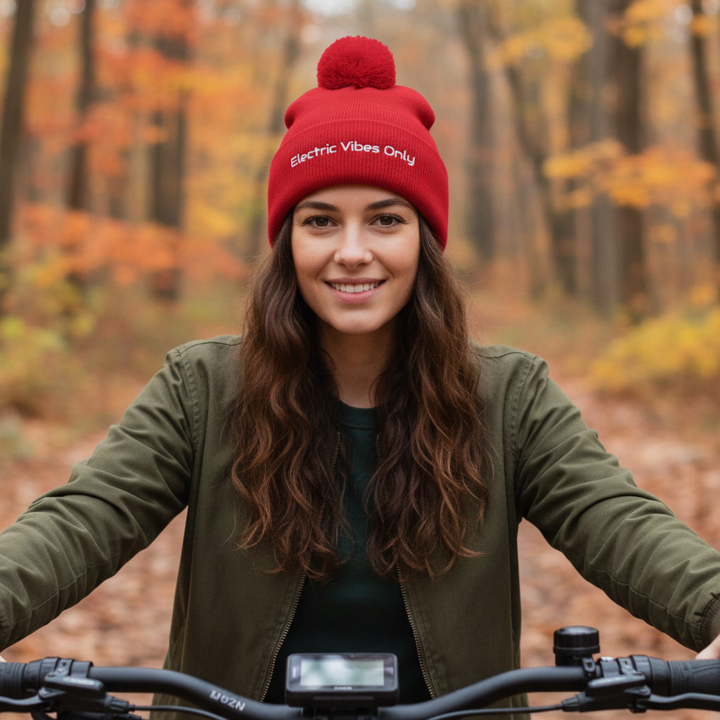 Red pom pom beanie - Woman sitting on her e-bike in autumn forest.