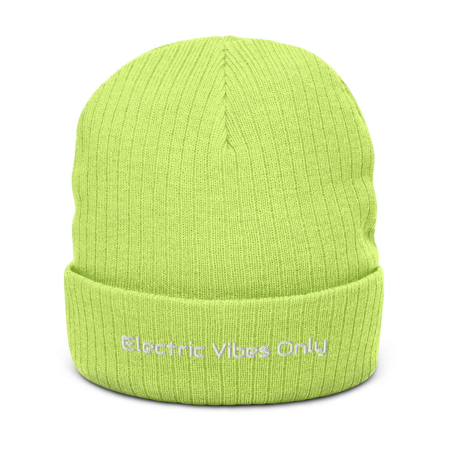 Acid Green cuffed beanie with Electric Vibes Only embroidery - front view.