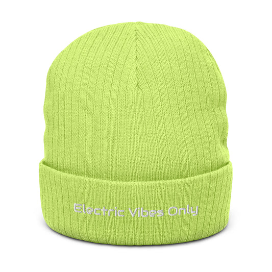 Acid Green cuffed beanie with Electric Vibes Only embroidery - front view.