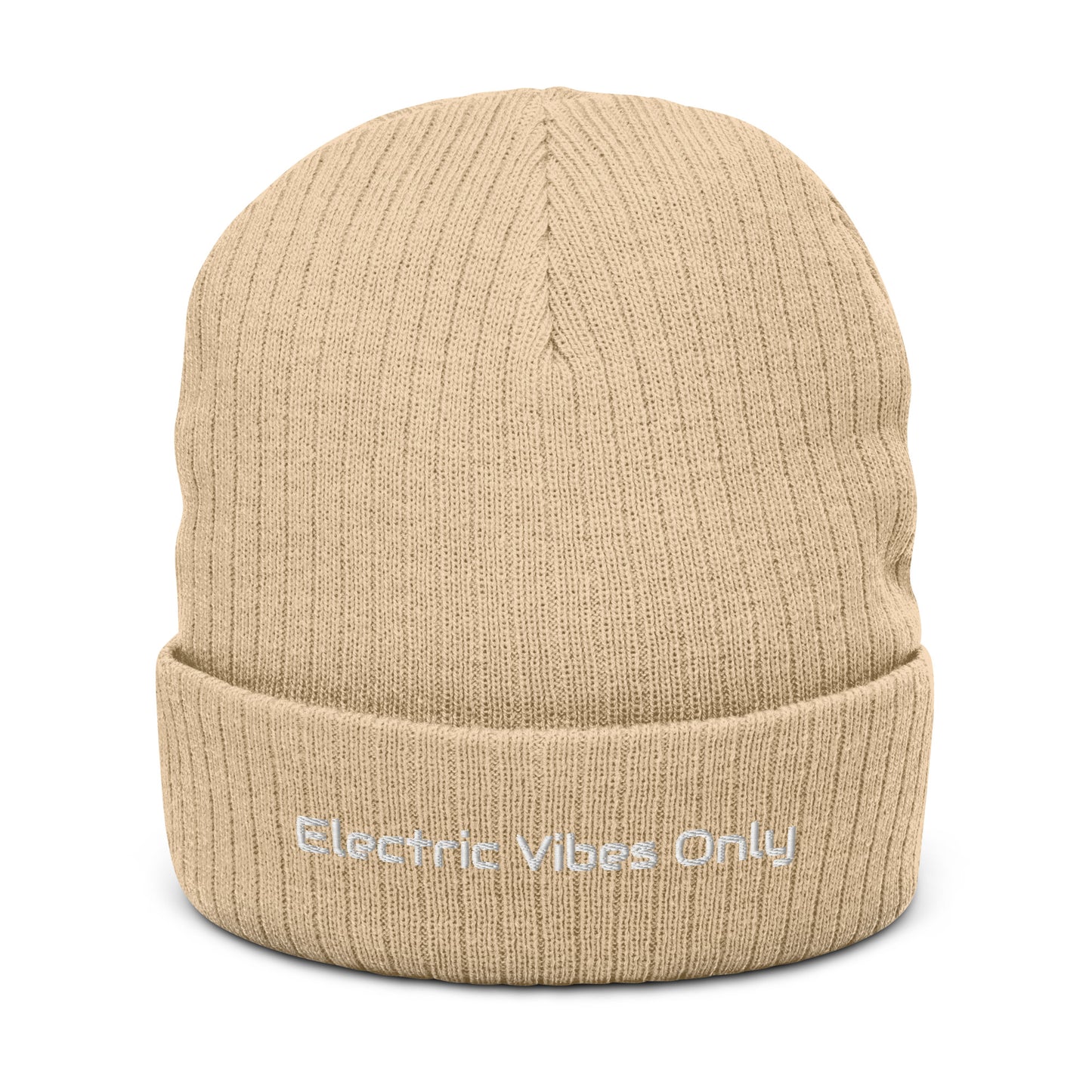 Beige beanie with 'Electric Vibes Only' text on a white background
