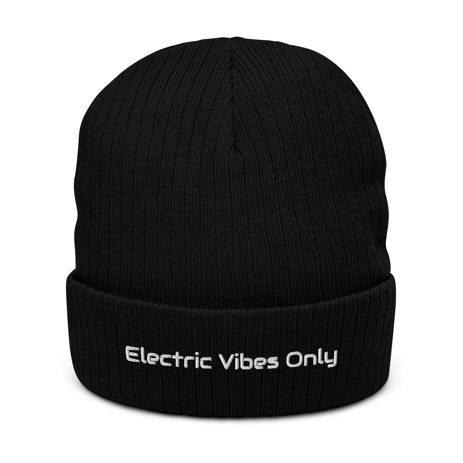 Black ribbed cuffed beanie with Electric Vibes Only embroidery - front view.